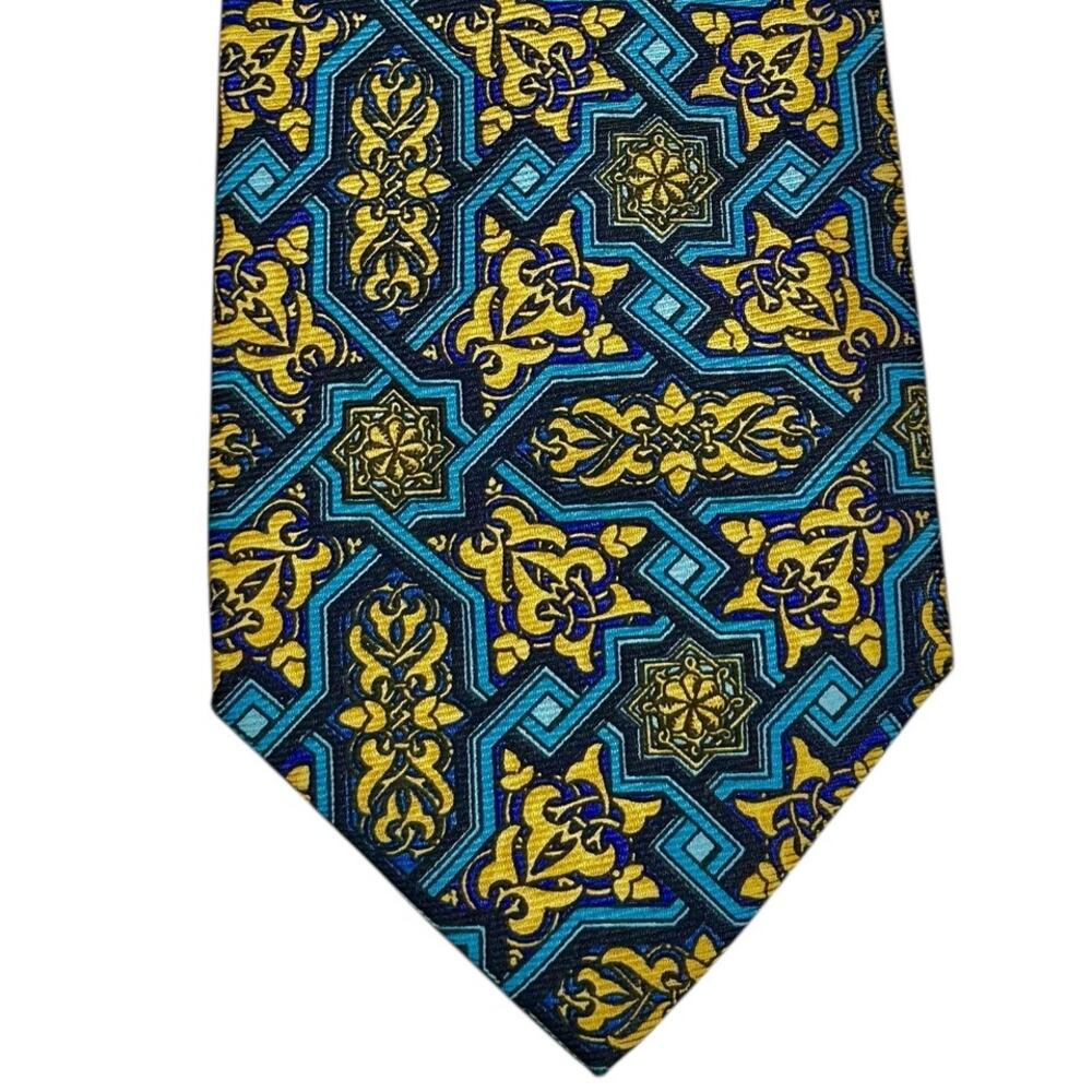 VTG V2 Gianni Versace 100% Silk Tie Baroque‎ Medusa Gold Blue Geometric 90s Lux